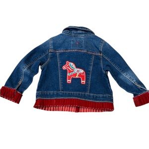 Urban‎ Charlee Girls Denim Jacket w/Red Velour Ruffle Hem & Horse Embroidery